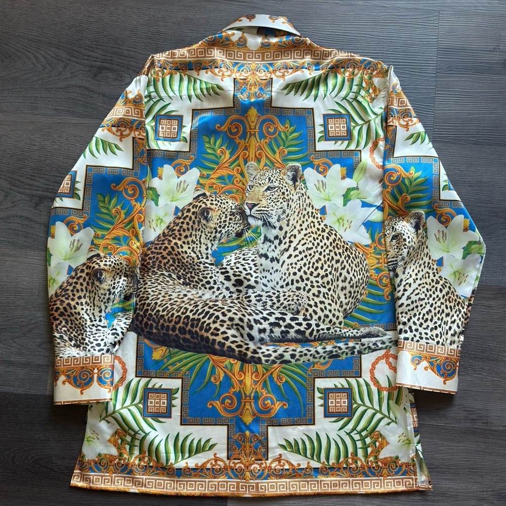 Barabas Tiger Print Button Up Shirt Mens M Baroque Greek Floral White Lilies